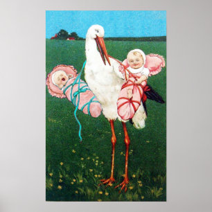 STORK TWIN GIRLS  BABY SHOWER MONOGRAM, POSTER