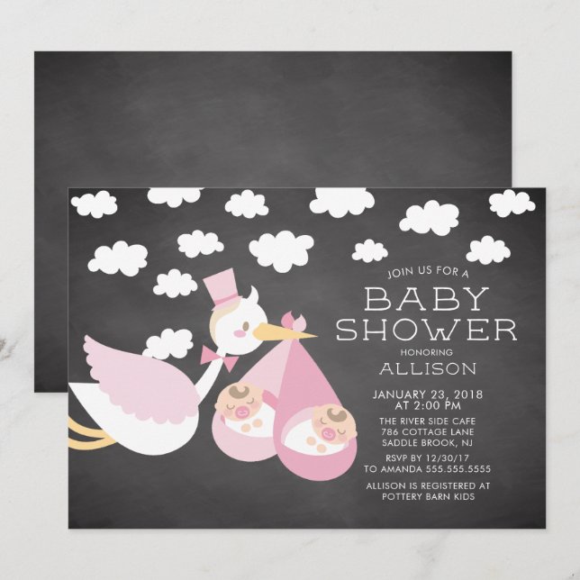 Stork & Twin Girls Twins Baby Shower Invitation (Front/Back)