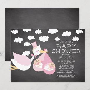 Stork & Twin Girls Twins Baby Shower Invitation