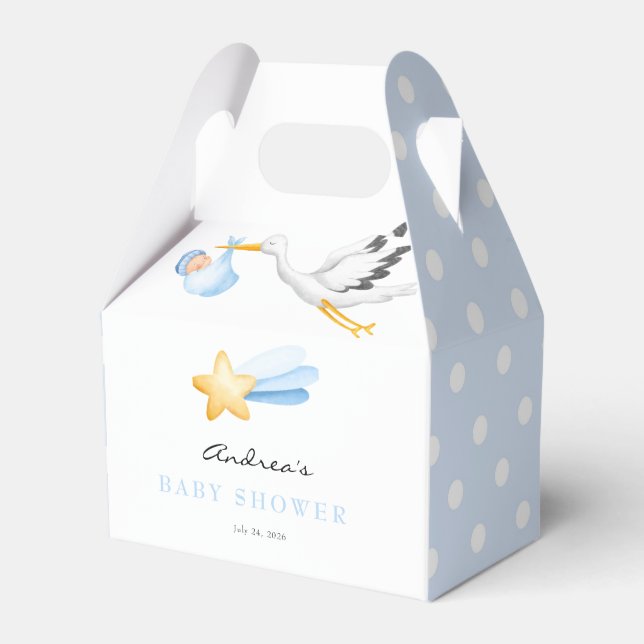 Stork | Watercolor Baby Boy Shower Favour Box (Front Side)
