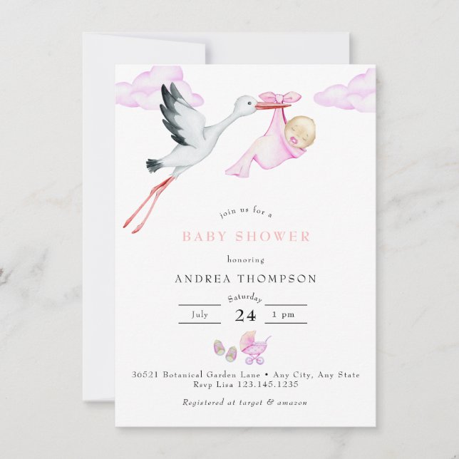 Stork | Watercolor Baby Girl Shower Invitation (Front)
