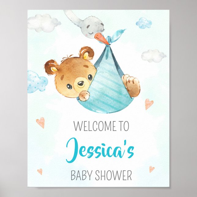Stork welcome party sign Boy bear party poster (Front)