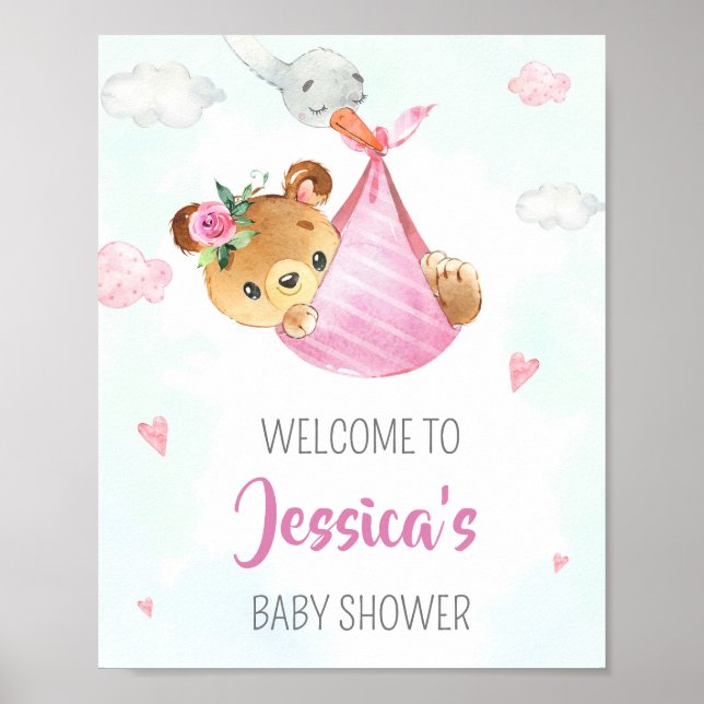Stork welcome party sign Girl bear party poster (Front)