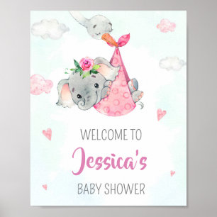 Stork welcome party sign Girl elephant poster