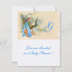 STORK WHITE BLUE BABY BOY SHOWER MONOGRAM INVITATION
