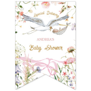 Stork Wildflower Ribbon and Bow Baby Shower Bunting