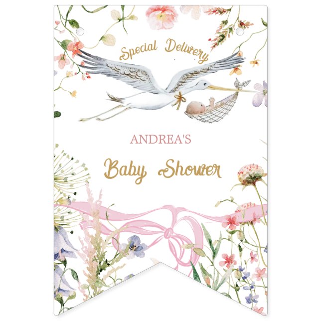 Stork Wildflower Ribbon and Bow Baby Shower Bunting (First Flag)