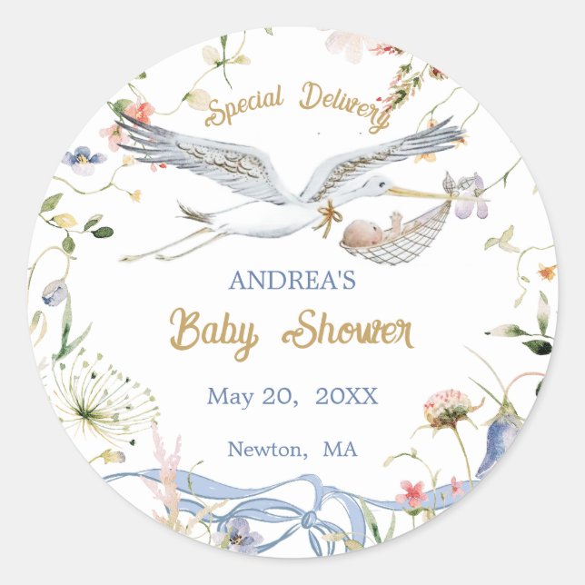 Stork Wildflower Ribbon Baby Shower  Classic Round Sticker (Front)