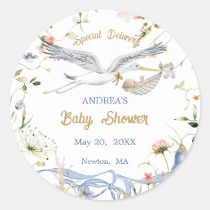 Stork Wildflower Ribbon Baby Shower  Classic Round Sticker