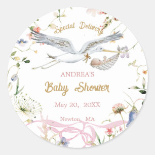 Stork Wildflower Ribbon Baby Shower  Classic Round Sticker
