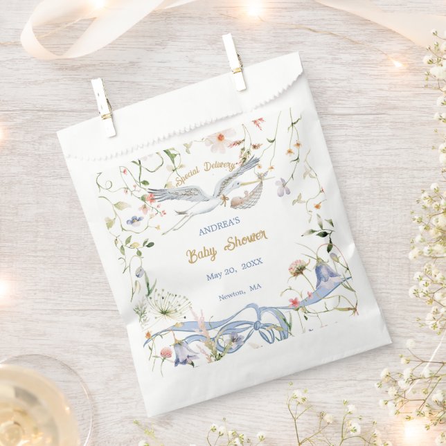 Stork Wildflower Ribbon Baby Shower Favour Bags (Clipped)