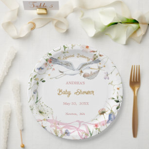 Stork Wildflower Ribbon Baby Shower Paper Plate