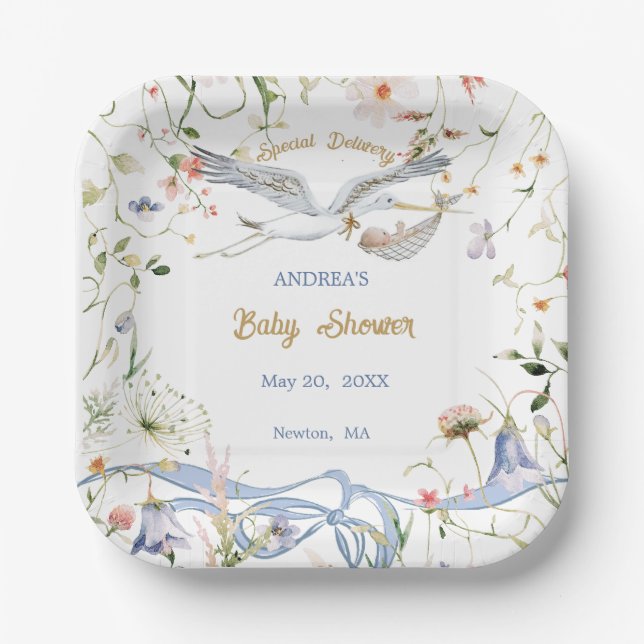 Stork Wildflower Ribbon Baby Shower Paper  Plate (Front)