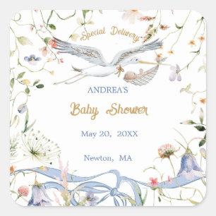 Stork Wildflower Ribbon Baby Shower Paper  Square Sticker