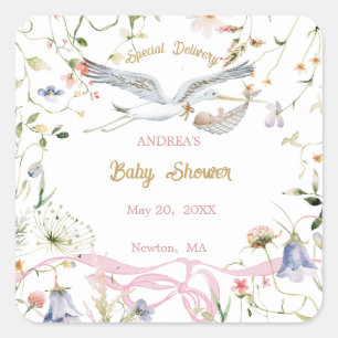 Stork Wildflower Ribbon Baby Shower Paper  Square Sticker
