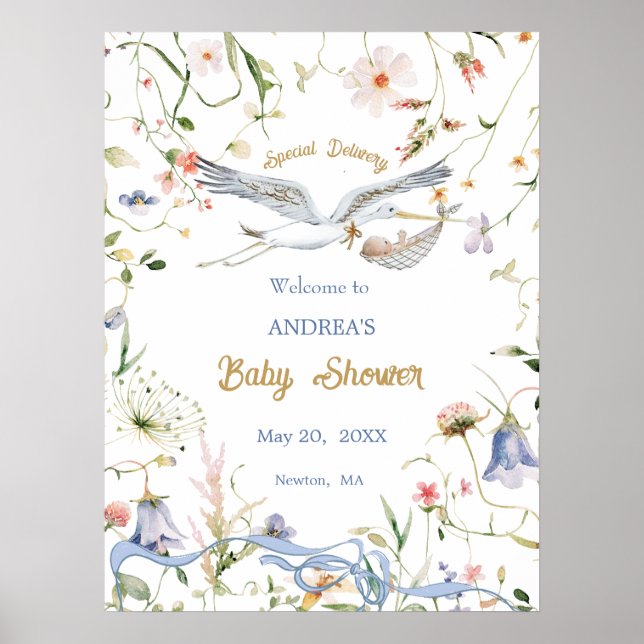 Stork Wildflower Ribbon Baby Shower Welcome Poster (Front)