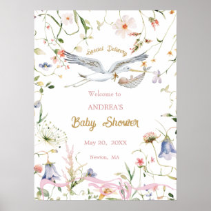 Stork Wildflower Ribbon Baby Shower Welcome Poster