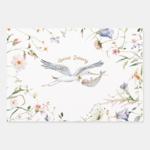 Stork Wildflower Ribbon Baby Shower Wrapping Paper