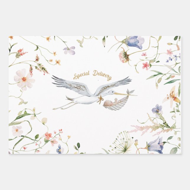 Stork Wildflower Ribbon Baby Shower Wrapping Paper (Front)