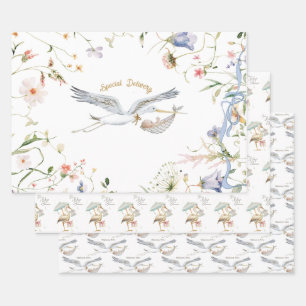 Stork Wildflower Ribbon Baby Shower Wrapping Paper Sheet