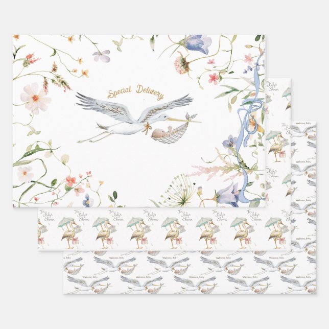 Stork Wildflower Ribbon Baby Shower Wrapping Paper Sheet (Set)