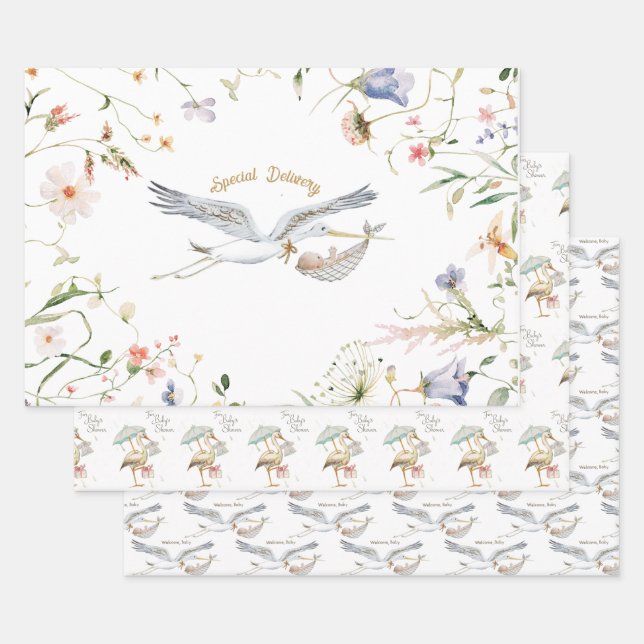 Stork Wildflower Ribbon Baby Shower Wrapping Paper Sheet (Set)