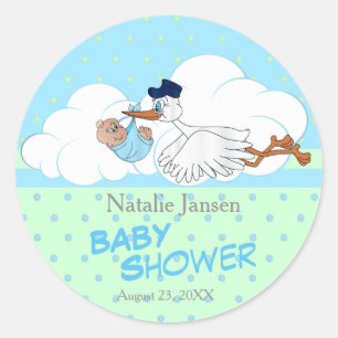 Stork with a Cute Little Baby Boy Classic Round Sticker