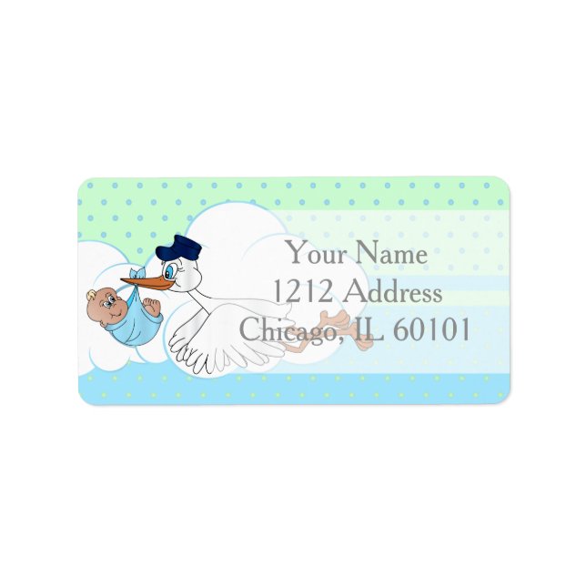 Stork with a Cute Little Baby Boy Label (Front)