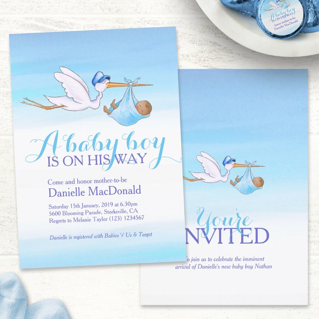 Stork with baby boy baby shower invitations (Creator Uploaded)
