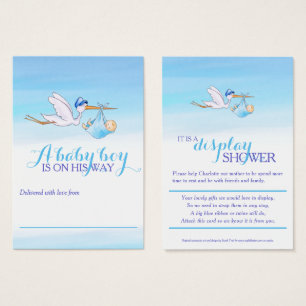 Stork with baby boy blue shower display cards