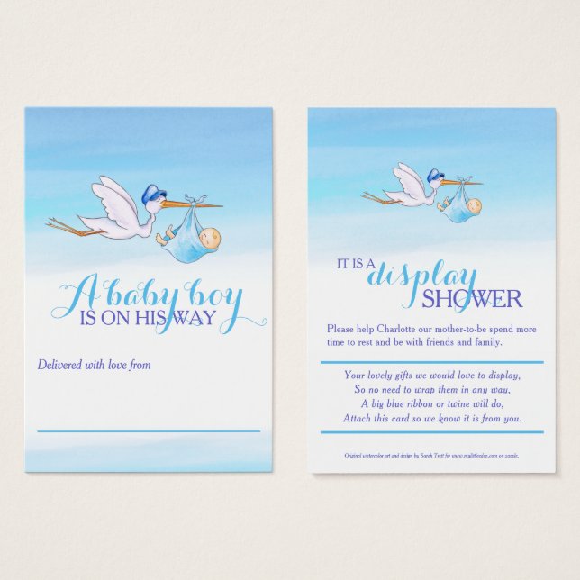 Stork with baby boy blue shower display cards (Front & Back)