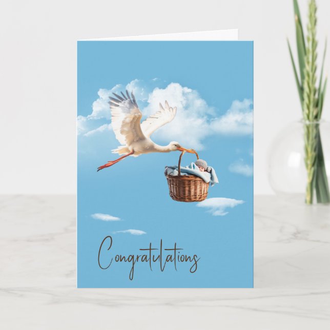 Stork With Baby Boy Congratulations Card (Front)