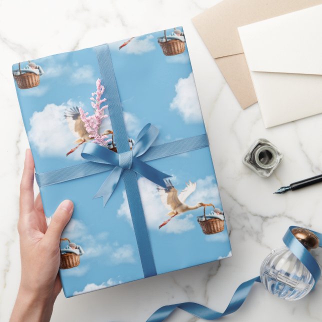 Stork With Baby Boy In Basket Wrapping Paper (Gifting)