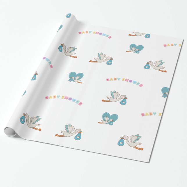 Stork with baby cute baby shower  wrapping paper (Unrolled)