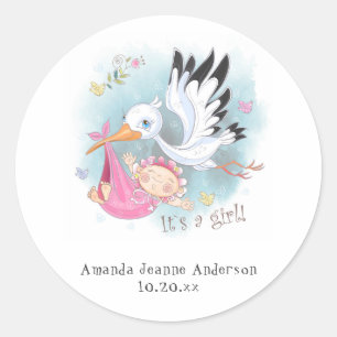 Stork with Baby Girl in Pink Announcement Classic Round Sticker