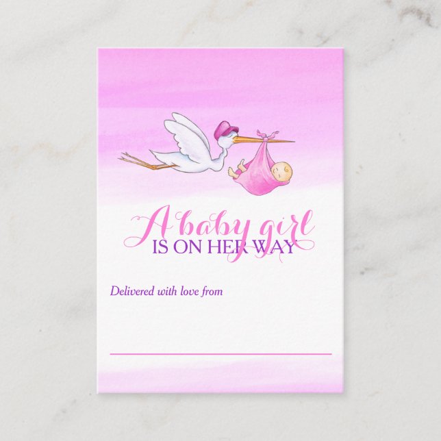 Stork with baby girl pink shower display cards (Front)