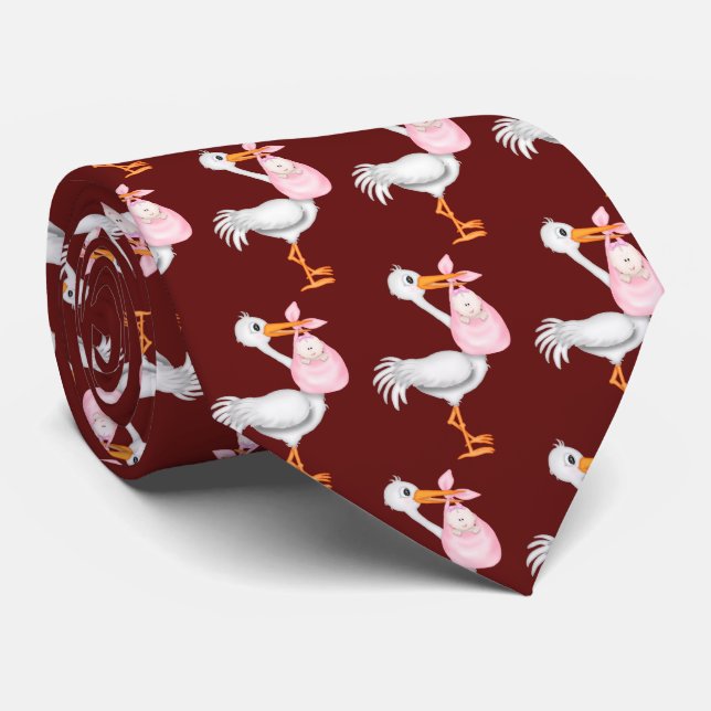 Stork With Baby Girl Tie (Rolled)