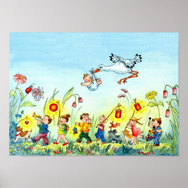 Stork with Baby - Nursery Poster (Front)