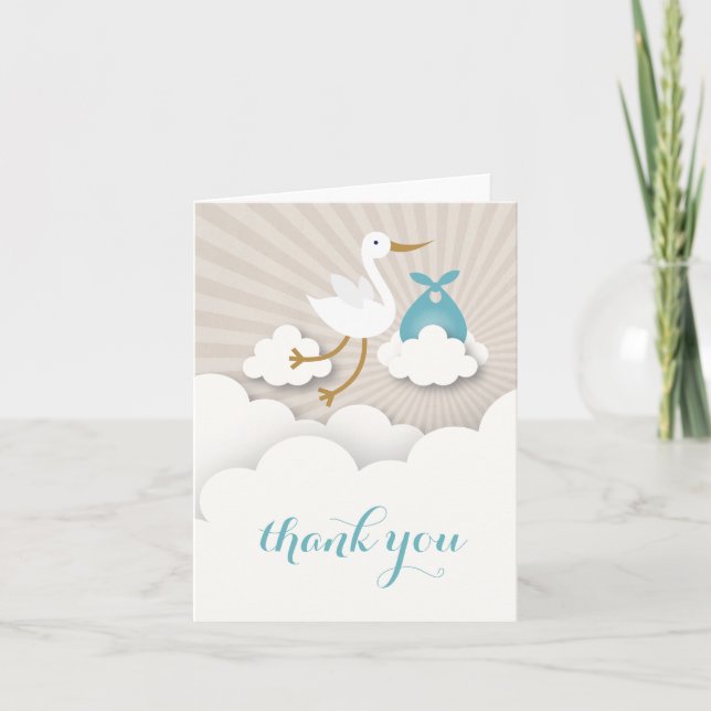 Stork With Blue Bundle Baby Shower Thank You (Front)