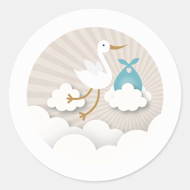Stork with Blue Bundle Boy Baby Shower Classic Round Sticker (Front)