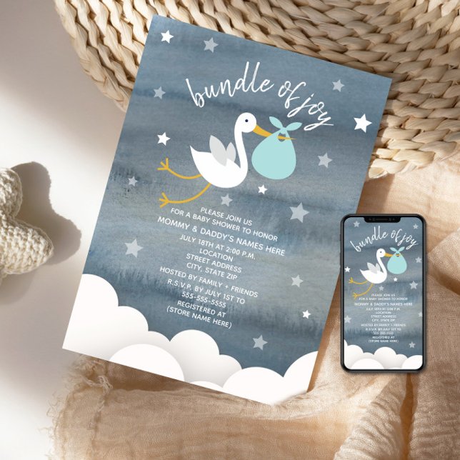Stork With Blue Bundle Stars Baby Shower Invitation (Creator Uploaded)