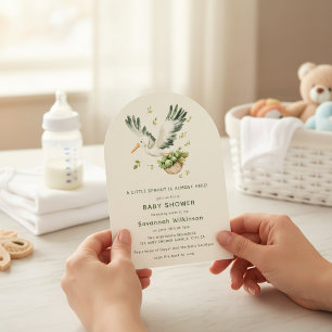 Stork with Brussel Sprouts Basket Arch Baby Shower Invitation