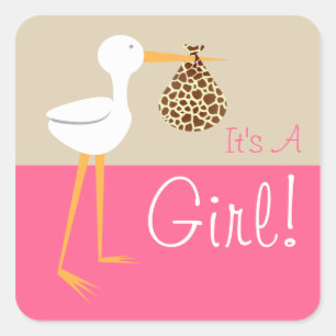 Stork With Giraffe Print Bundle It's A Girl Square Sticker