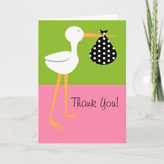 Stork With Polka Dot Bundle Baby Shower Thank You Card (Front)