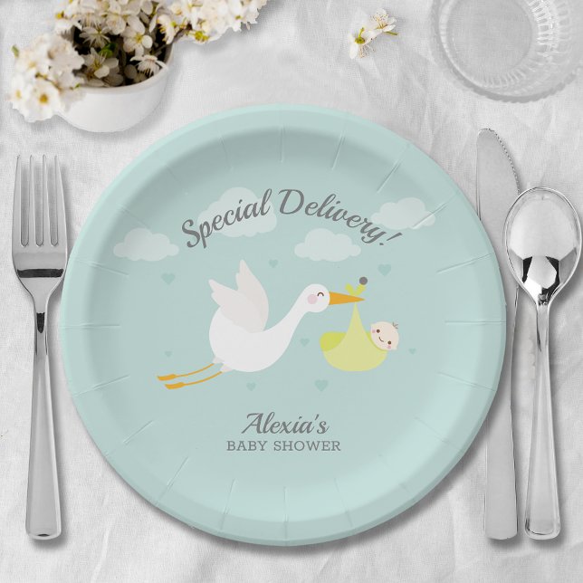 Stork Yellow Baby Bundle Baby Shower Paper Plate (Cute stork yellow baby bundle unisex baby shower paper plates)