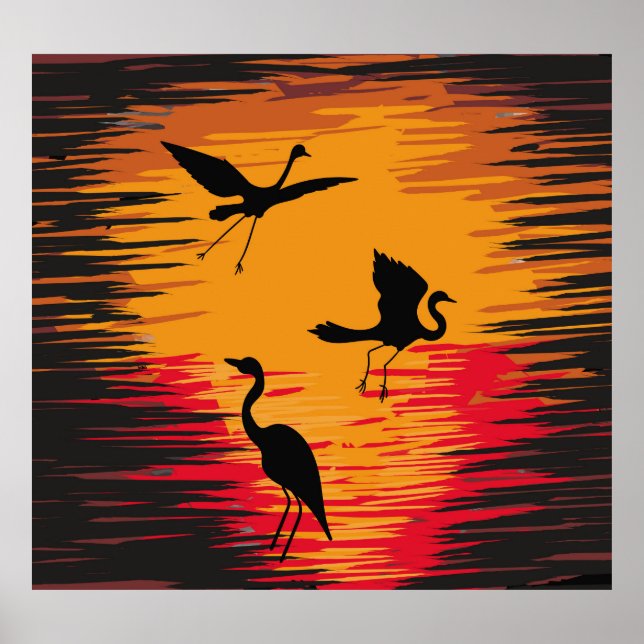 Storks Sunset Silhouette: Colourful Vintage Backdr Poster (Front)