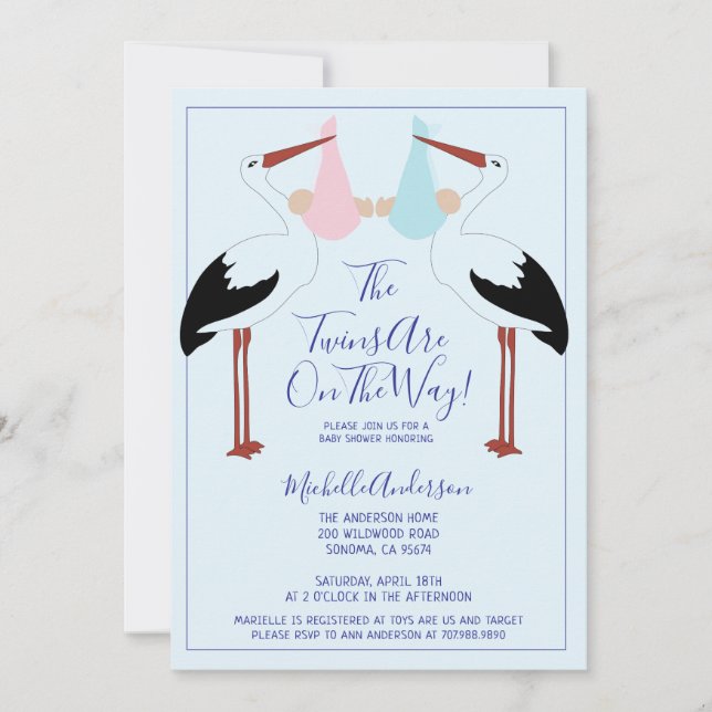 Storks & Twin Blue & Pink Baby Bundles Baby Shower Invitation (Front)