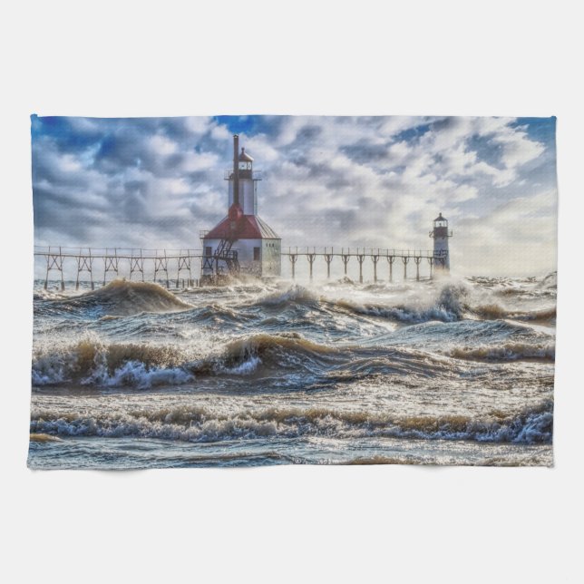 Storm At St Joseph Lighthouse Tea Towel (Horizontal)