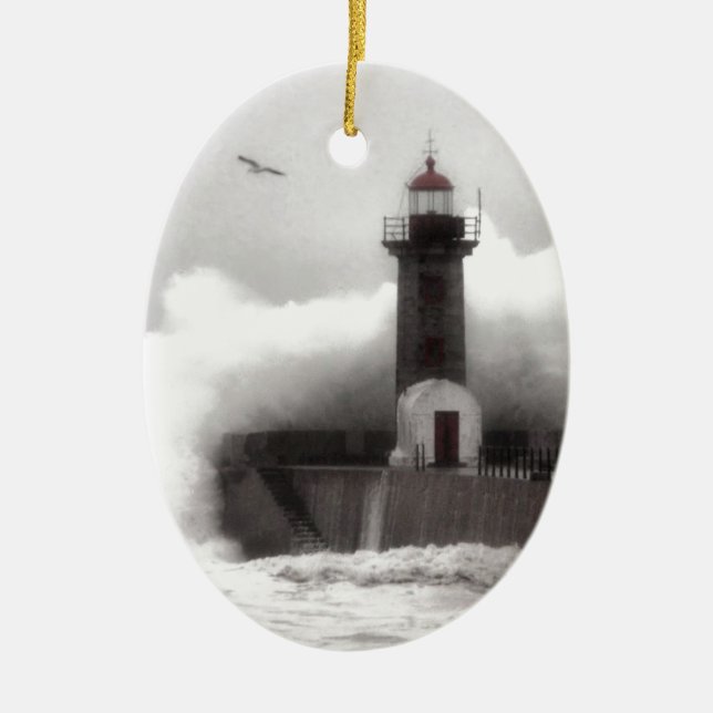Storm at the Lighthouse Ceramic Tree Decoration (Front)