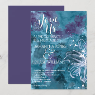 STORM BLUE WATERCOLOR HIBISCUS WEDDING INVITATION